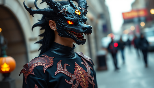 A model wearing luxury Halloween streetwear with dragon design