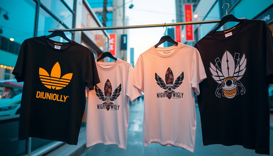 Urban luxury graphic t-shirts displayed in a trendy street setting
