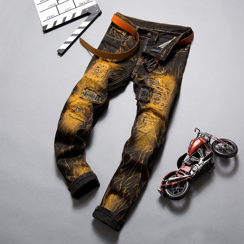 Distressed Slim Fit Straight-leg Denim Men's Broken Patched Hole Pants