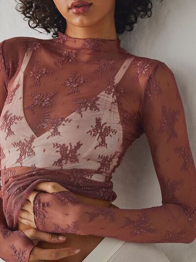 Lace Mock Neck Long Sleeve Blouse - Munsieur