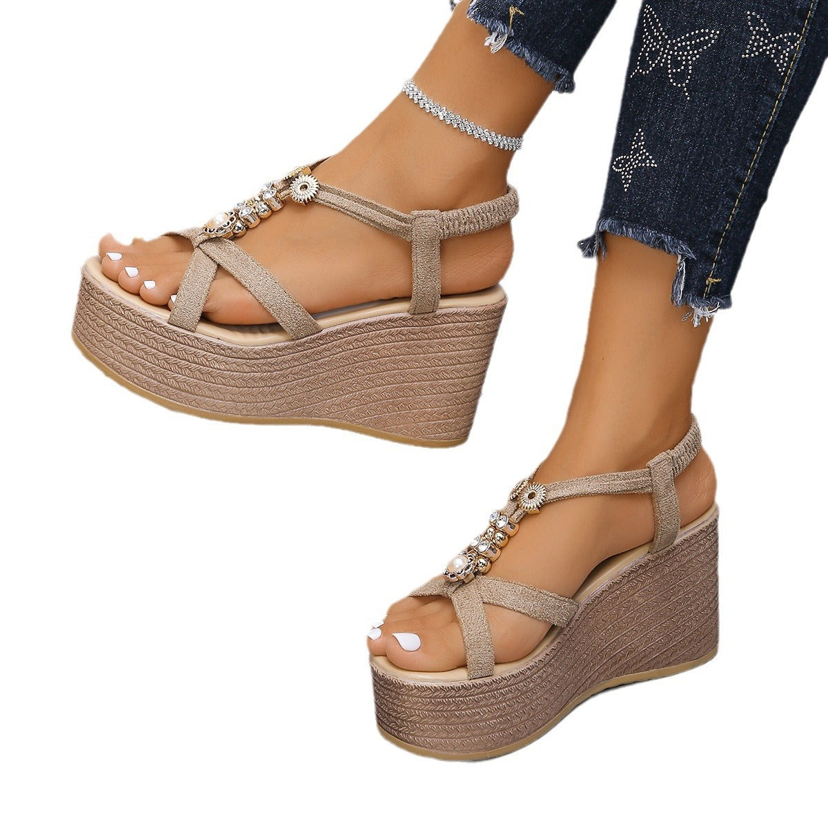 Handmade Beaded Middle Platform Heel Wedges Open Toe