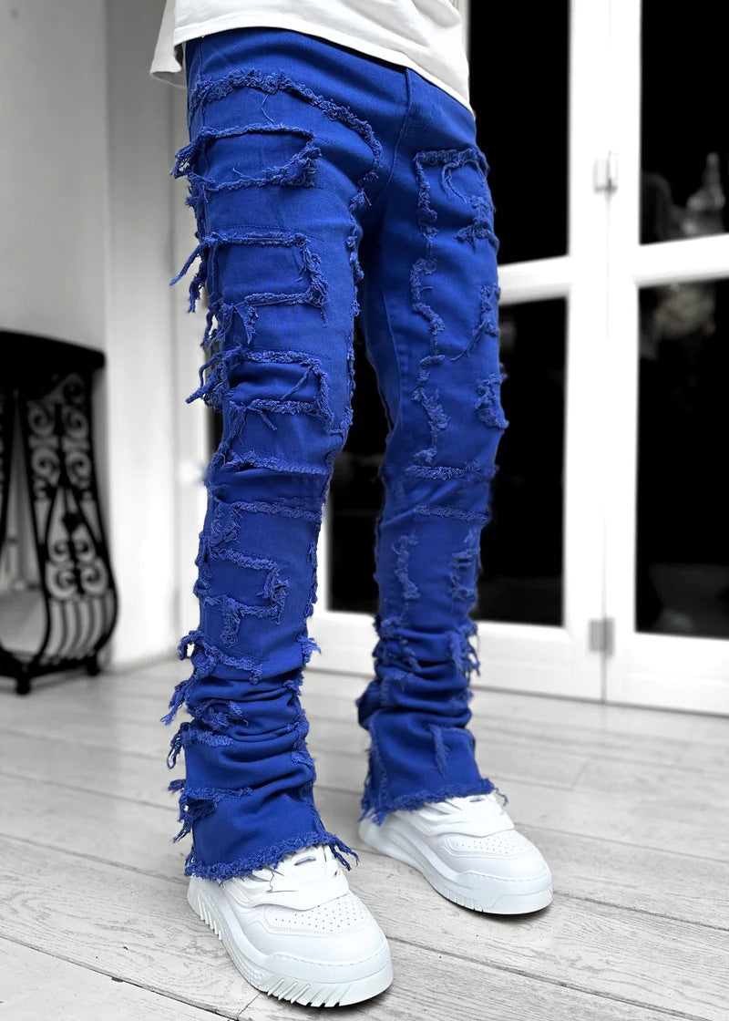 Men's Patched Pants Long Tight Fit Stacked Pants For Men
