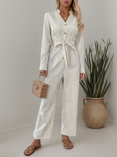 Striped Notched Long Sleeve Tie Waist Jumpsuit - Munsieur