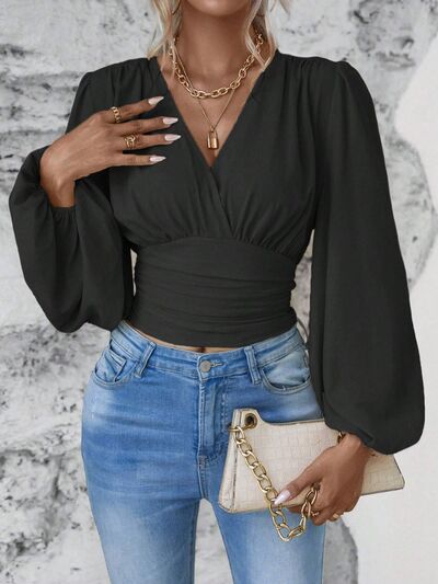 Smocked Surplice Balloon Sleeve Top - Munsieur