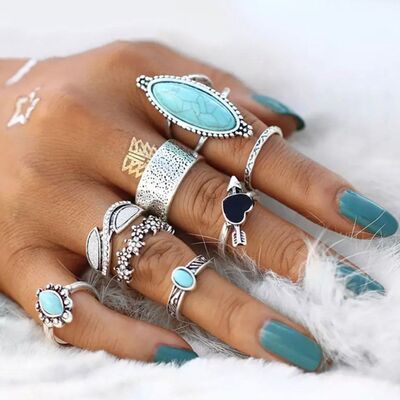 Turquoise Alloy 8-Piece Ring Set - Munsieur