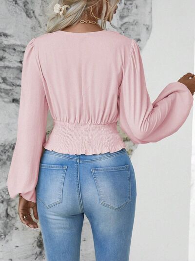 Smocked Surplice Balloon Sleeve Top - Munsieur