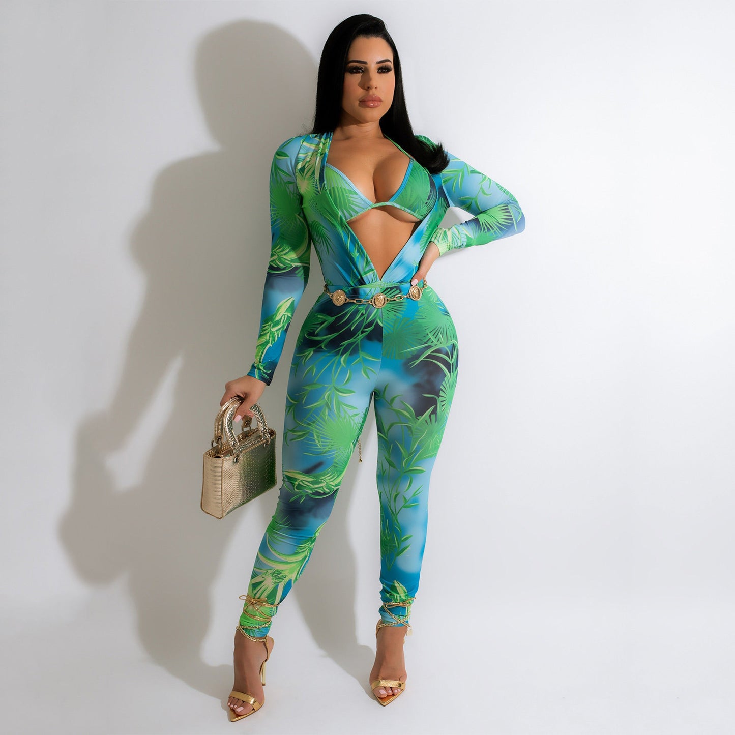 Women's Printed Jumpsuit Long Sleeve