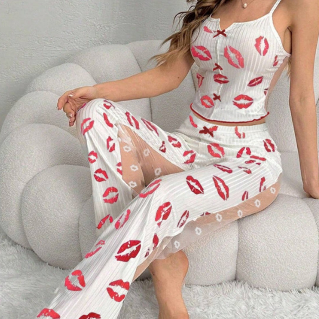 Printed Color Contrast Patchwork Women's Lingerie Pajamas Front Split Sling