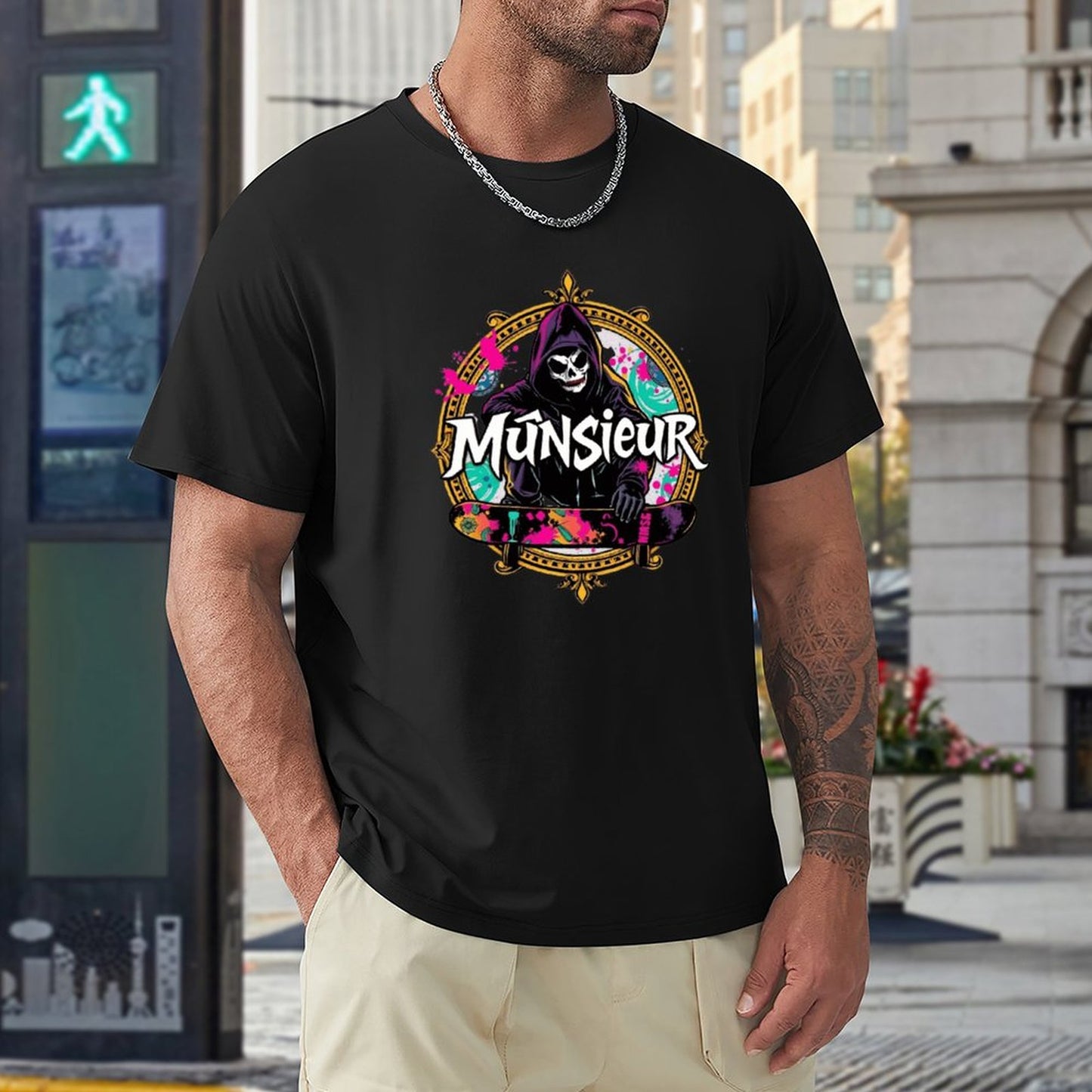 Munsieur New Skool Tee for Men – Skull Skateboard Graphic Tee