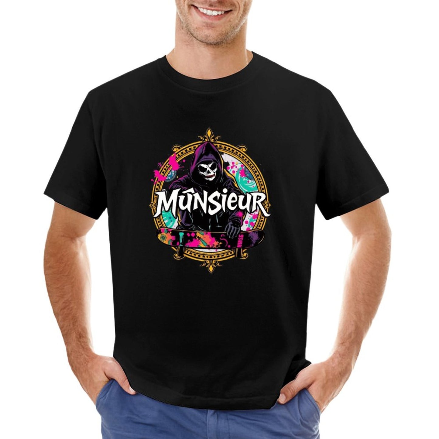 Munsieur New Skool Tee for Men – Skull Skateboard Graphic Tee