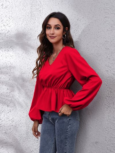 V-Neck Balloon Sleeve Peplum Blouse - Munsieur
