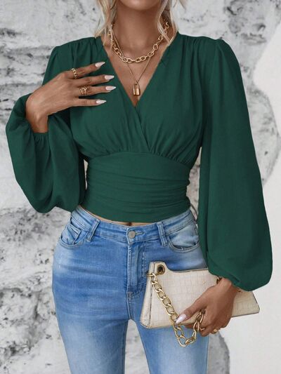 Smocked Surplice Balloon Sleeve Top - Munsieur