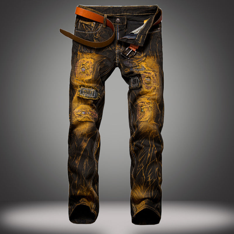 Distressed Slim Fit Straight-leg Denim Men's Broken Patched Hole Pants