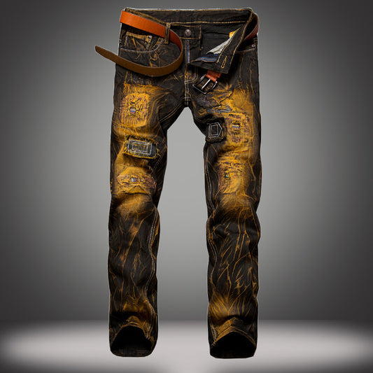 Distressed Slim Fit Straight-leg Denim Men's Broken Patched Hole Pants