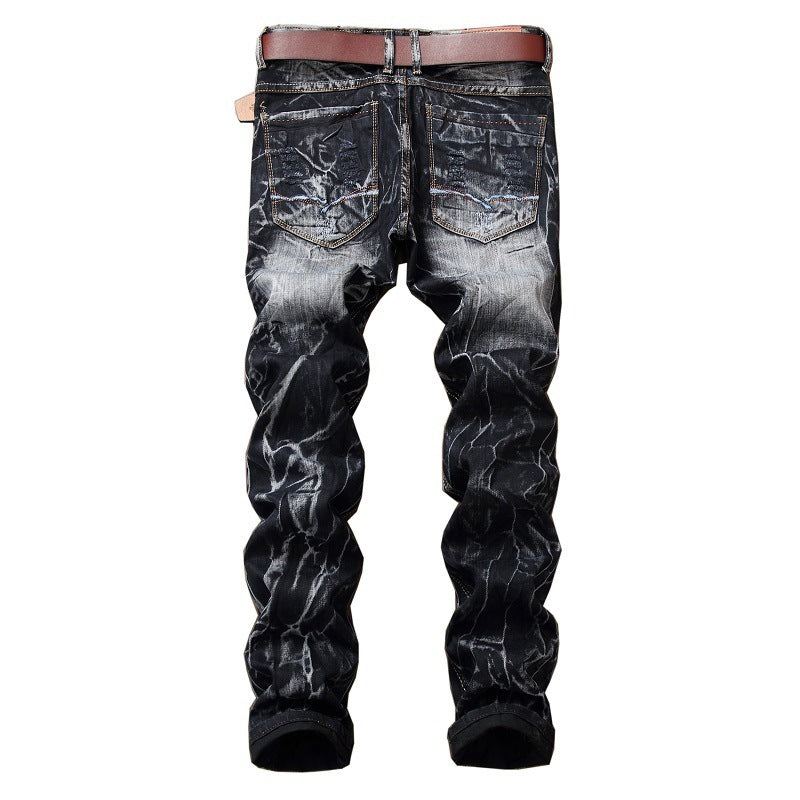 Distressed Slim Fit Straight-leg Denim Men's Broken Patched Hole Pants