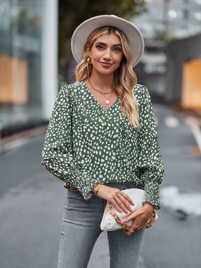 Printed V-Neck Lantern Sleeve Blouse - Munsieur
