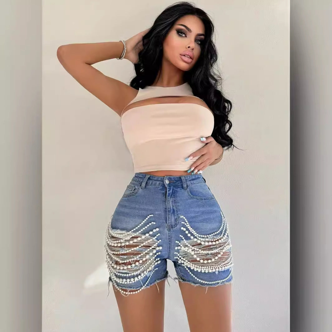 Women's Denim Bottoms High Waist Slimming Bottoms Hand-Made Ripped Bottoms
