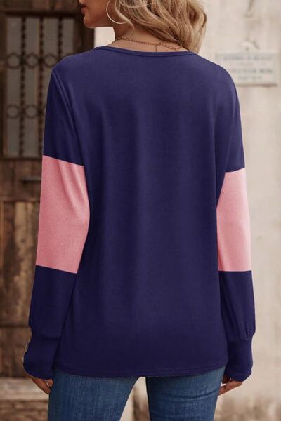 Decorative Button Contrast V-Neck Long Sleeve T-Shirt - Munsieur
