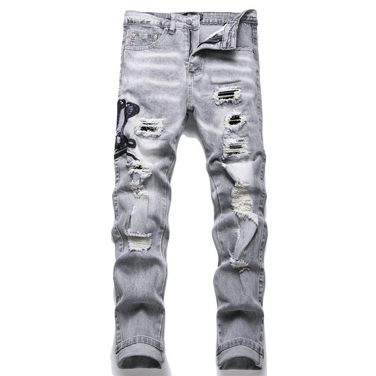 Men's Designer Fashion Gray Hole Patched Embroidery Cobra Stretch Pants