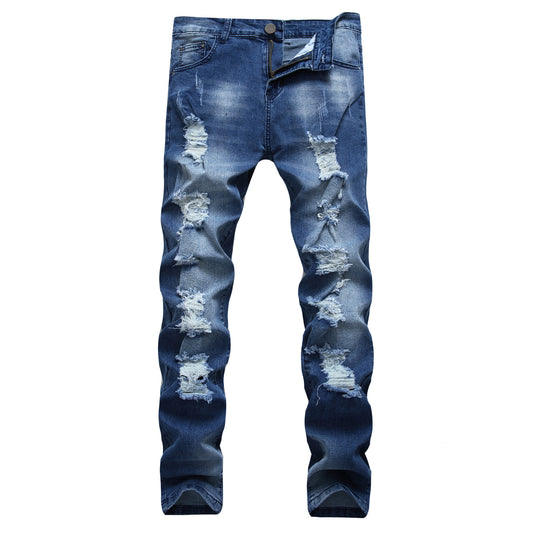 Multi-holes, Blue Elastic Men's Pants Slim-fitting Small Straight
