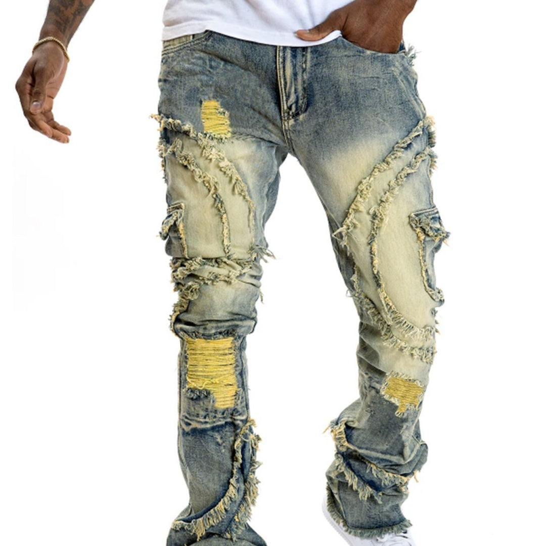 Men's Patchwork Fringe Slightly Flared Stretch Pants