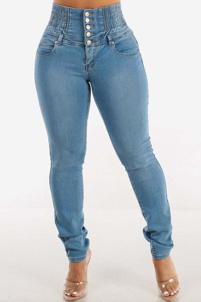 High Waist Buttoned Skinny Hip Lifting Jeans for Curves - Munsieur