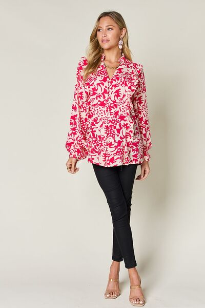 Double Take Full Size Printed Ruffle Trim Balloon Sleeve Shirt - Munsieur