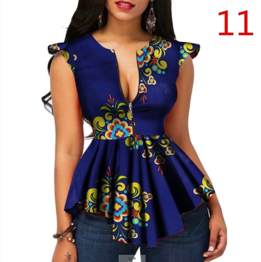 Deep V-neck Zipper Cropped Blouse