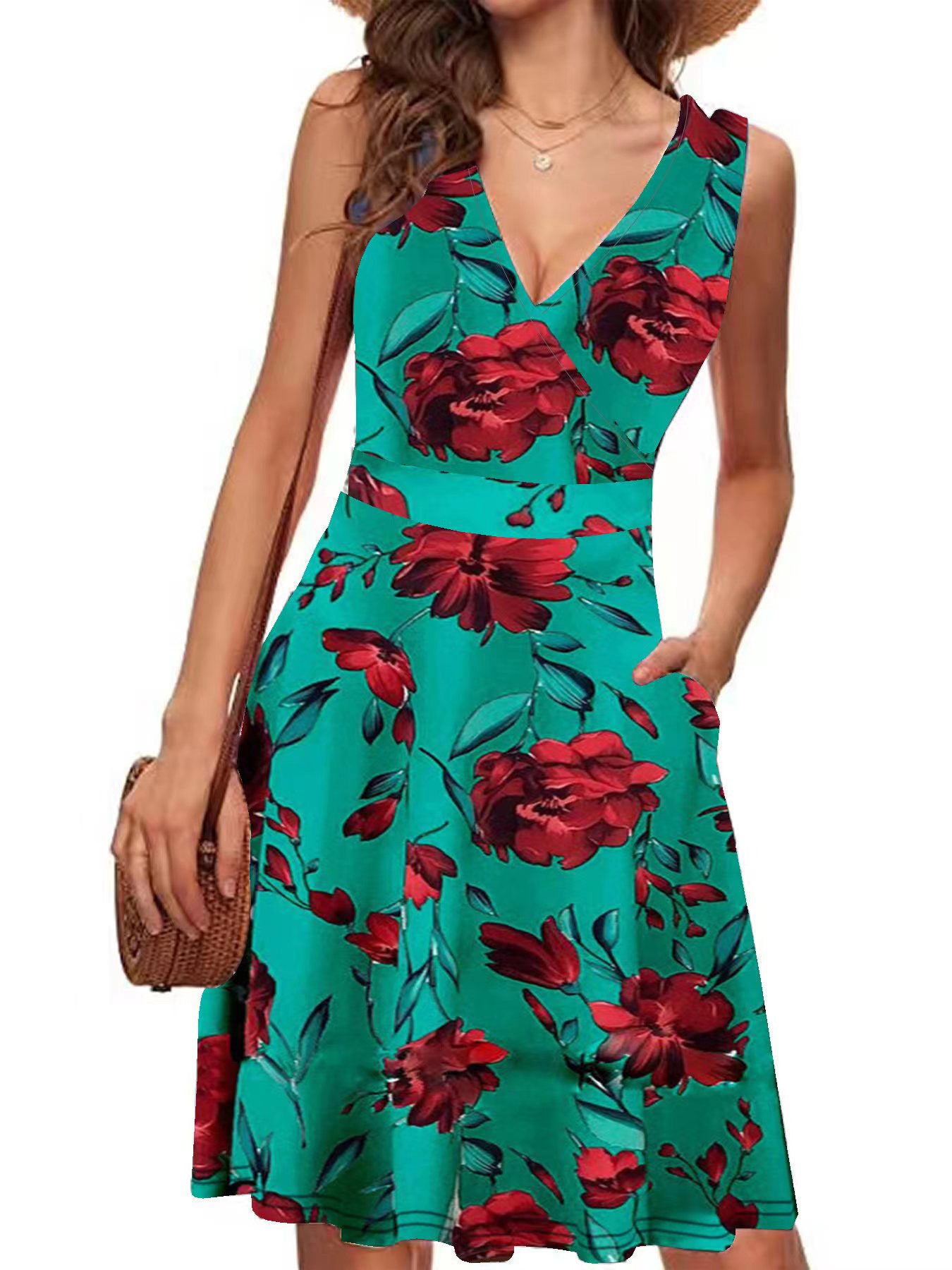 Elegant Sleeveless Printed Pocket Dress Women's