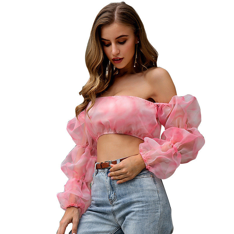 One-shoulder chiffon puff sleeve blouse