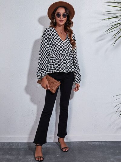 Checkered V-Neck Balloon Sleeve Peplum Blouse - Munsieur