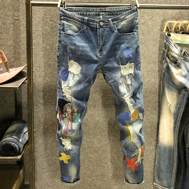Blue Ripped Pants Men's Tide Brand Patch