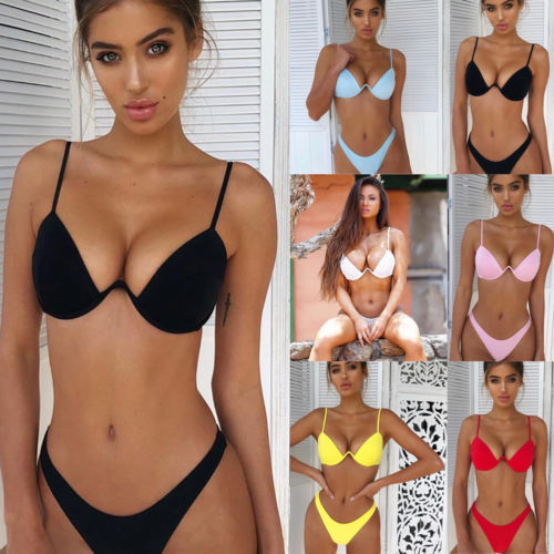 Swimwear Summer Bikini Women Swimsuit Bra and Panties Set Solid Color