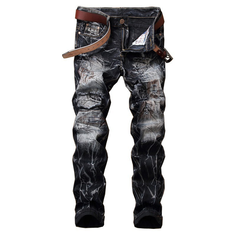 Distressed Slim Fit Straight-leg Denim Men's Broken Patched Hole Pants