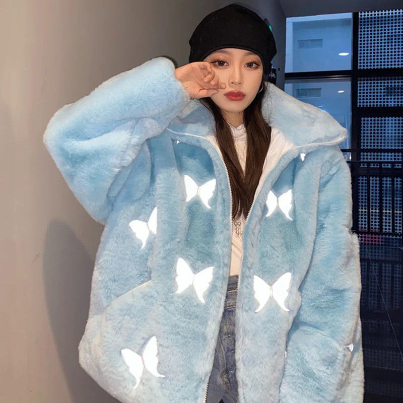 Women's Casual Loose Plush Reflective Faux Leather Jacket