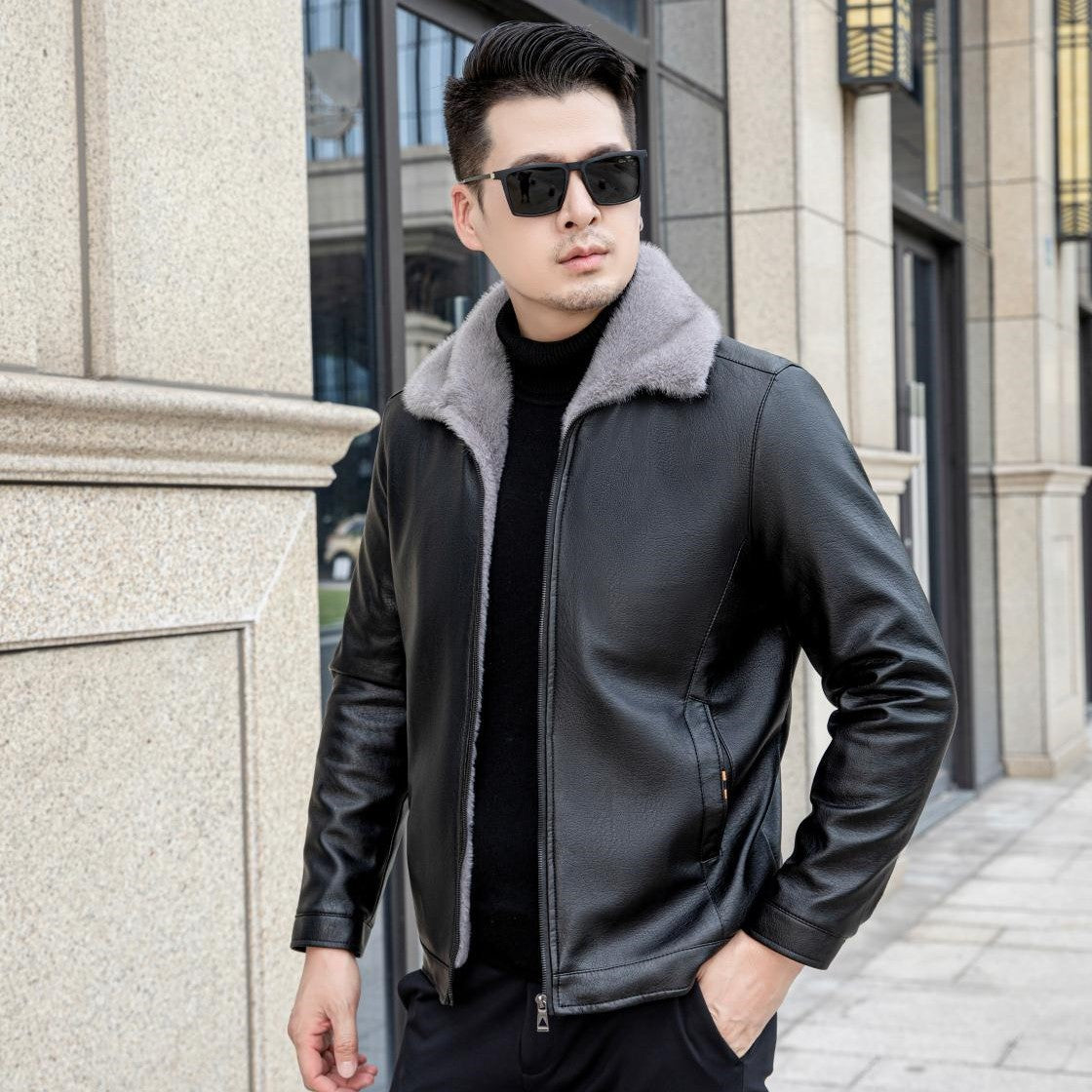 White Fleece-lined Thick Loose Casual Leather Coat For Men