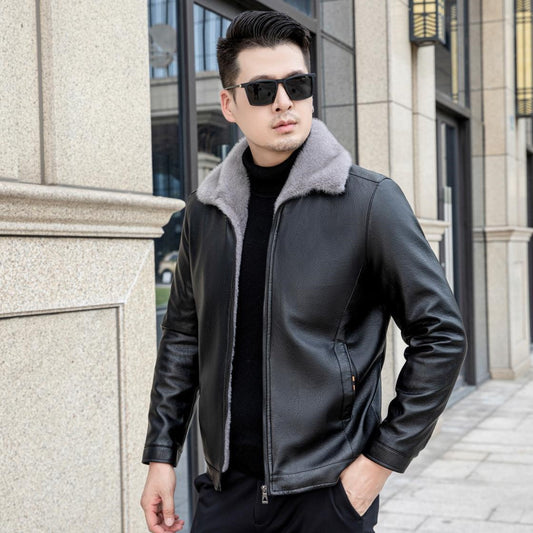 White Fleece-lined Thick Loose Casual Leather Coat For Men - Munsieur