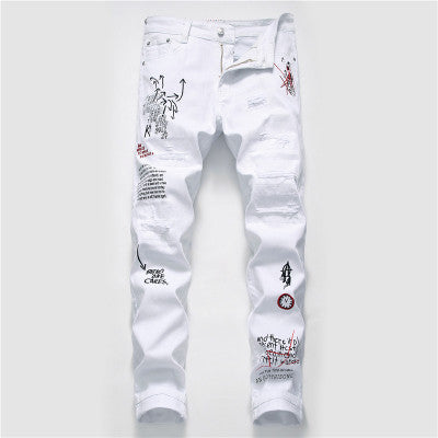 Men's Shredded Embroidery Pants Designer Royalty Style
