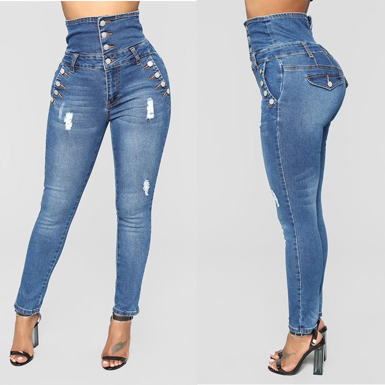 Ripped Jeans Women's High-Waist Denim Stretch Streetwear
