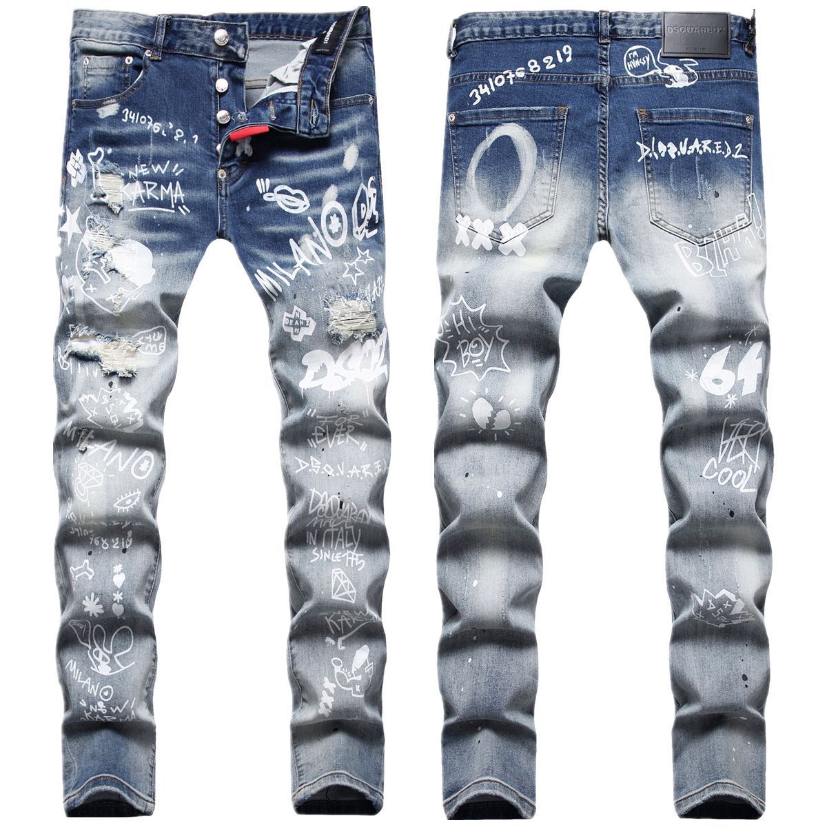 Men's Patchwork Random Line Embroidery Hole Patched Straight-leg Pants