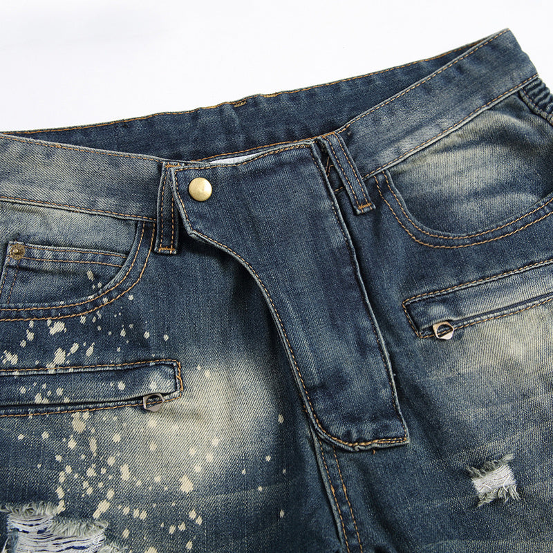 Ripped Motorcycle Slim-Fit Straight-Leg Plus Size Men's Pants