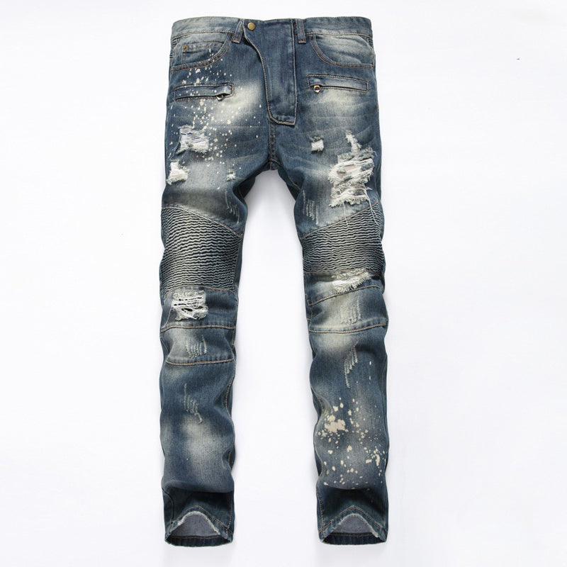 Ripped Motorcycle Slim-Fit Straight-Leg Plus Size Men's Pants
