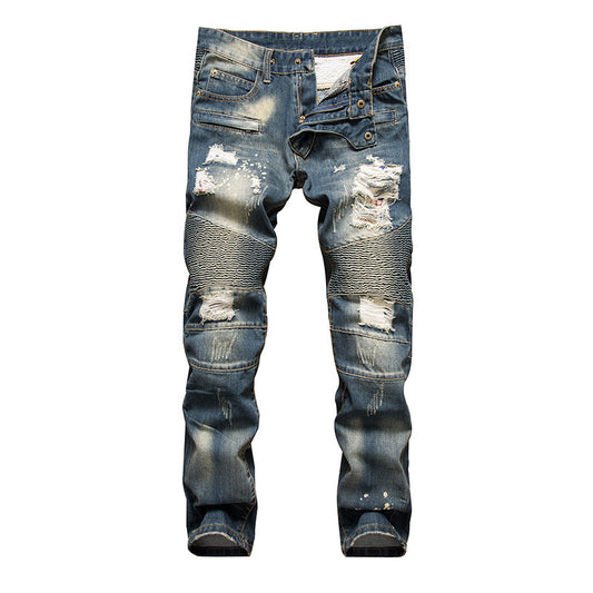 Ripped Motorcycle Slim-Fit Straight-Leg Plus Size Men's Pants