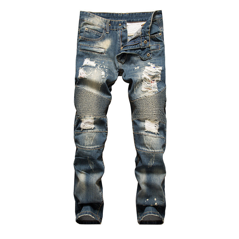 Ripped Motorcycle Slim-Fit Straight-Leg Plus Size Men's Pants
