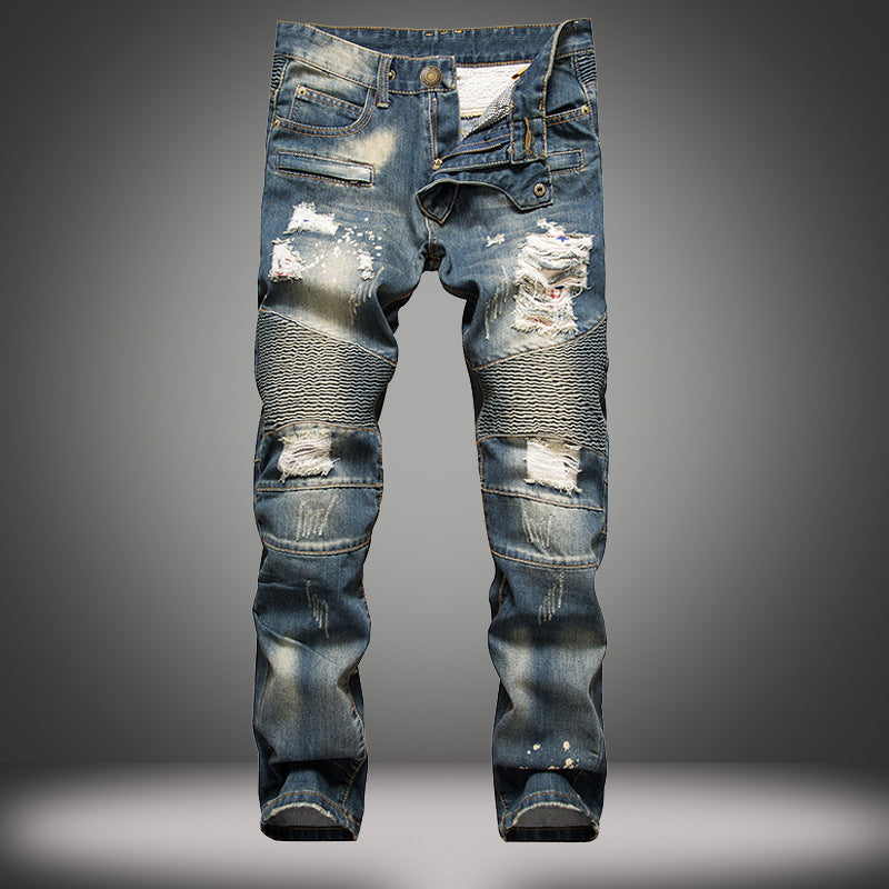 Ripped Motorcycle Slim-Fit Straight-Leg Plus Size Men's Pants