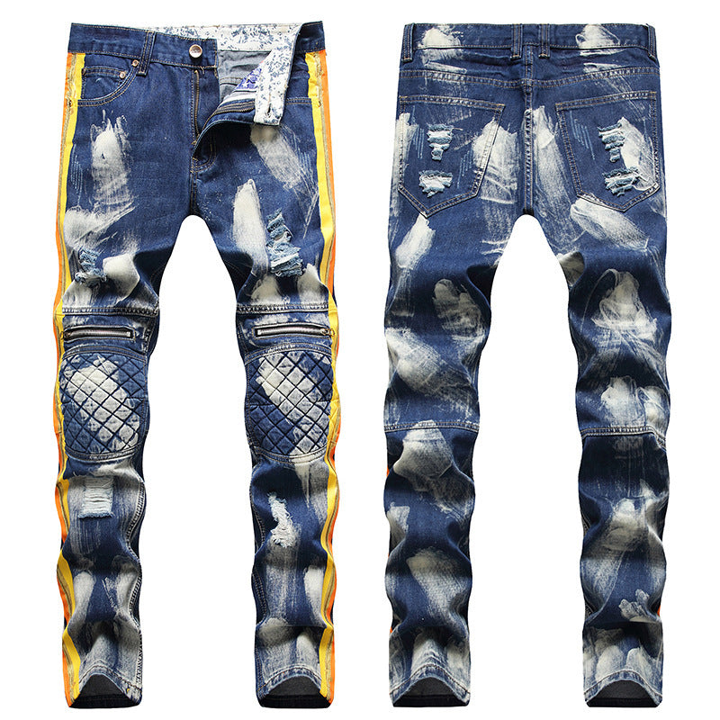 Men's Denim Biker Pants Contrast Color Knee Protect