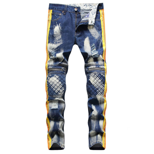 Men's Denim Biker Pants Contrast Color Knee Protect