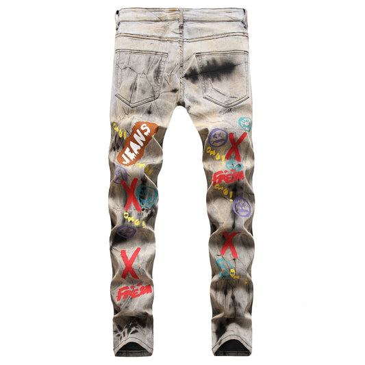 Men's Tie and Dye Letters 3D Printed Pants Fashion Holes Ripped Stretch Denim Pants Slim Straight