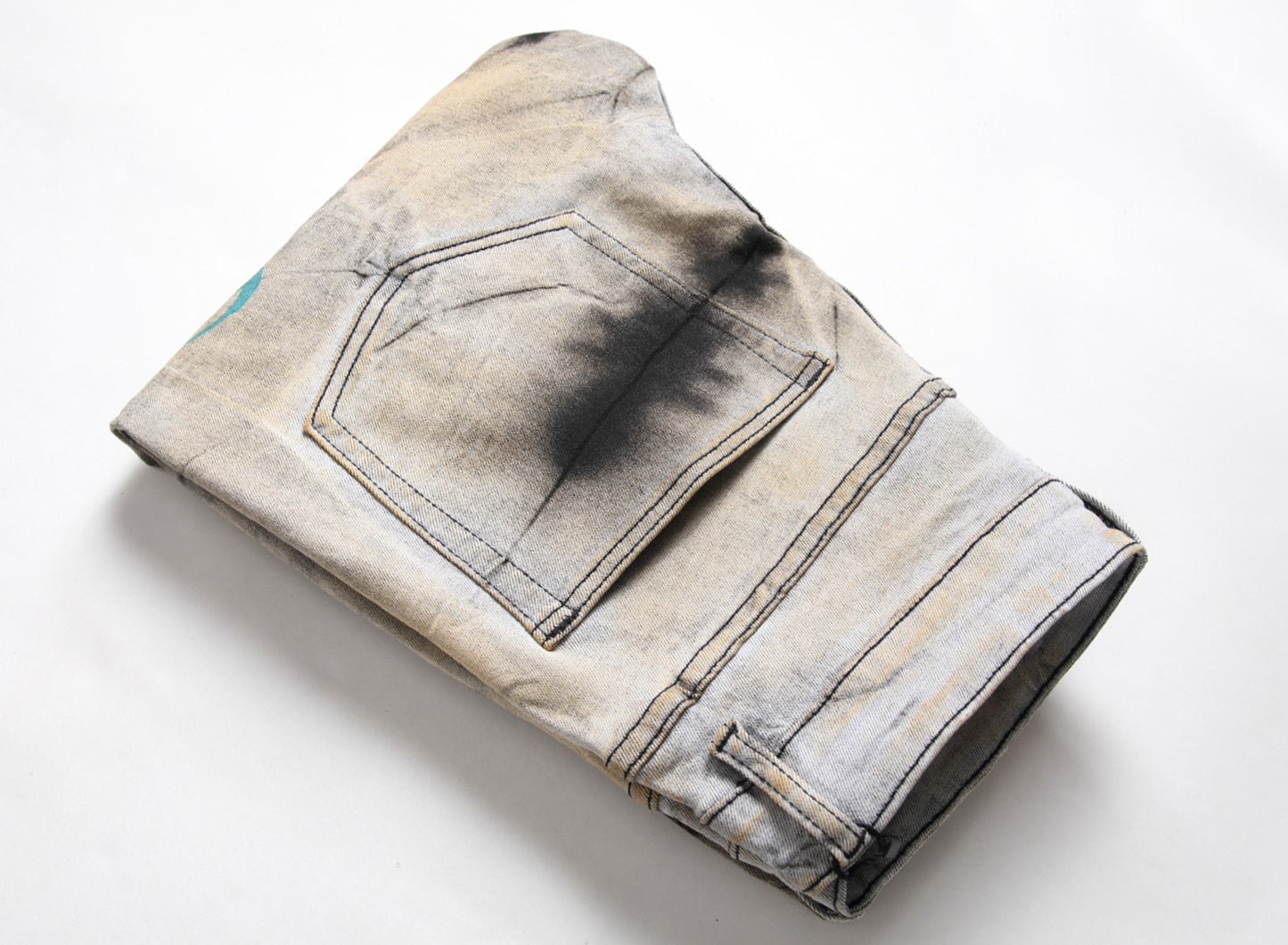 Men's Tie and Dye Letters 3D Printed Pants Fashion Holes Ripped Stretch Denim Pants Slim Straight