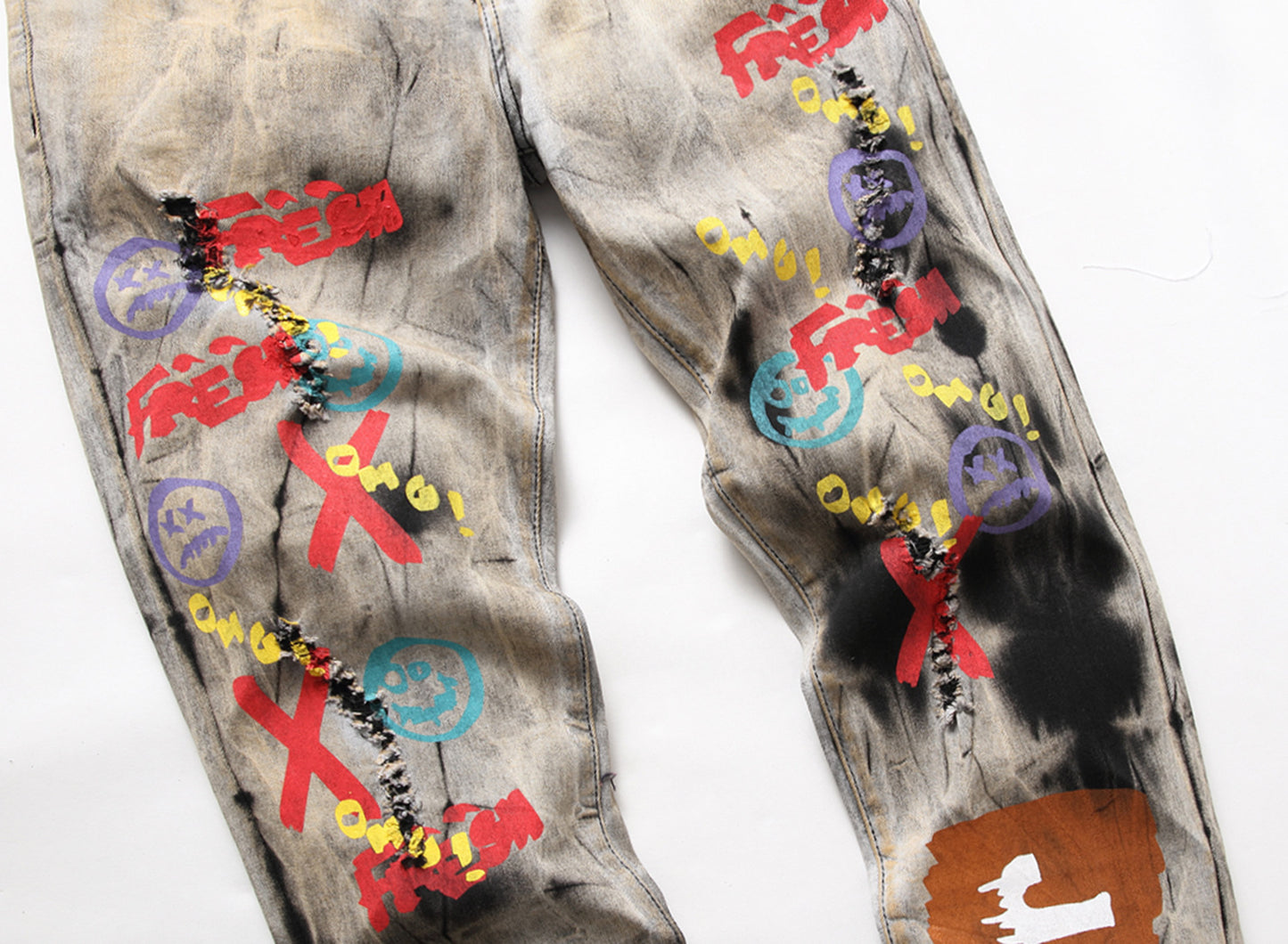 Men's Tie and Dye Letters 3D Printed Pants Fashion Holes Ripped Stretch Denim Pants Slim Straight